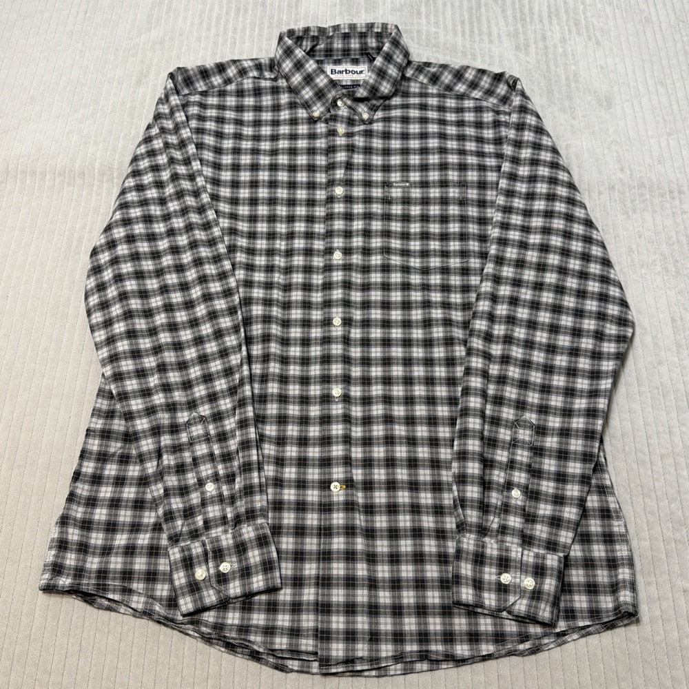Barbour Tailored Fit Men's Large Plaid Long Sleeve Button Down Shirt Gray Green